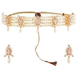 Efulgenz Indian Bollywood 14 K Gold Plated Cubic Zirconia Faux Ruby Emerald Pearl Choker Necklace Earring Bridal Jewelry Set