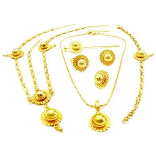 Yulaili Womens Ethiopian Necklace Eritrean Wedding Costume Gold Bridal African Traditional Jewellery Hairpin Forehead Hair Pieces
