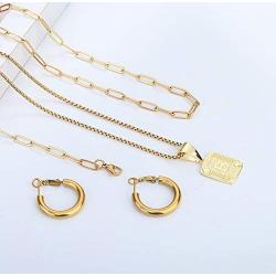 ORAZIO Initial Letter Pendant Necklace Mens Womens Thick 14K Gold Plated Hoop Earrings for Women Paperclip Chain Link Choker Necklace and Link Bracelet Set Gold Plated Jewelry Set for Women