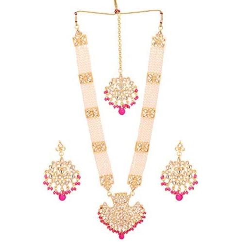 Jwellmart Womens Diva Collection White Kundan Stone Faux Pearl Rani Haar Necklace Earrings Set