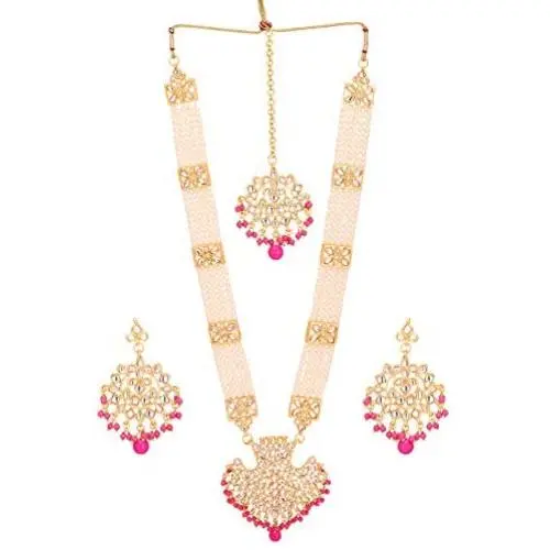 Jwellmart Womens Diva Collection White Kundan Stone Faux Pearl Rani Haar Necklace Earrings Set