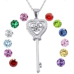 XVX Beating Heart Key Necklace 925 Sterling Silver with White Gold Plated Cubic Zirconia Dancing Birthstone Pendant Forever Love Necklaces Jewelry Gifts for Women Girl