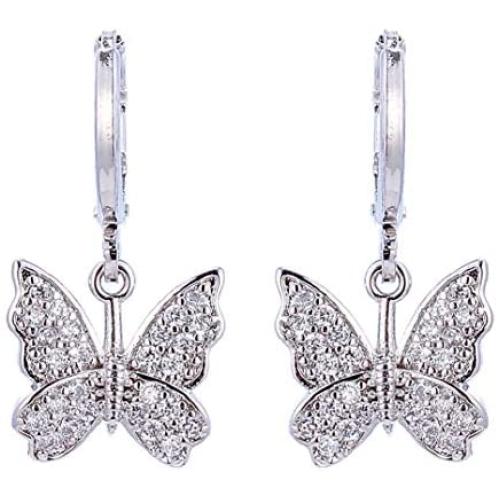 INENIMARTJ Charm Butterfly Hoop Earrings, 14K Gold Silver Crystal Butterfly Drop Dangle Earrings for Women and Girls