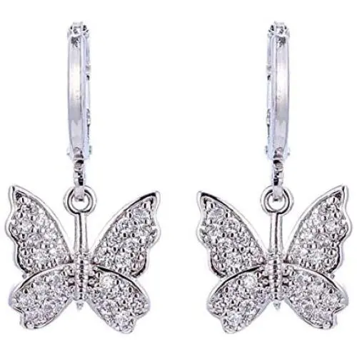 INENIMARTJ Charm Butterfly Hoop Earrings, 14K Gold Silver Crystal Butterfly Drop Dangle Earrings for Women and Girls