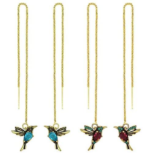 Jakayla 2PC Womens Hummingbird Earrings Stud Threader Long Drop Tassel Crystal Dangle for Girls