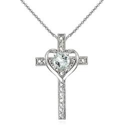 Sterling Silver Light Aquamarine Cross Heart Pendant Necklace for Girls, Teens or Women