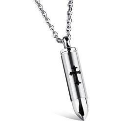 Mens Black Cross Pendant Stainless Steel Religious Bullet Urn Ashes Memorial Keepsake Necklace Chain for Men Women Prayer Jewelry