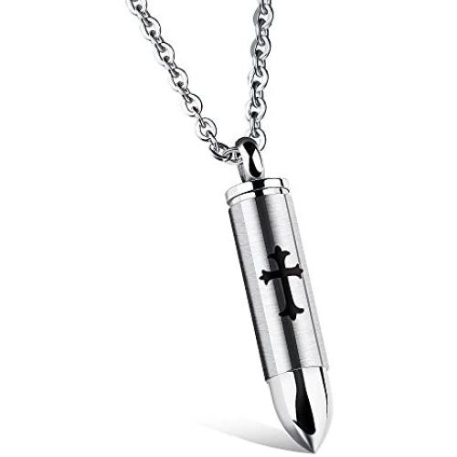 Mens Black Cross Pendant Stainless Steel Religious Bullet Urn Ashes Memorial Keepsake Necklace Chain for Men Women Prayer Jewelry