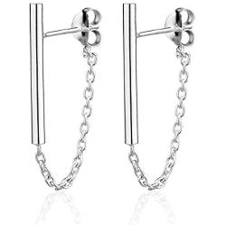 925 Sterling Silver Minimalist Simple Thin Line Bar Post & Dainty Dangle Chain Jacket Stud Earrings