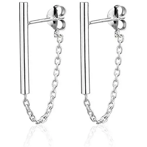 925 Sterling Silver Minimalist Simple Thin Line Bar Post & Dainty Dangle Chain Jacket Stud Earrings 925 Sterling Silver Minimalist Simple Thin Line Bar Post & Dainty Dangle Chain Jacket Stud Earrings