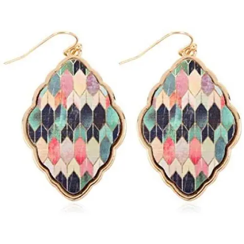 Bohemian Printed Natural Wood Geometric Statement Earrings - Filigree Leaf, Teardrop, Moroccan Dangle Bohemian Printed Natural Wood Geometric Statement Earrings - Filigree Leaf, Teardrop, Moroccan Dangle