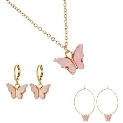 Butterfly Huggie Hoop Earrings Necklaces Set for Girl Dainty Acrylic Butterfly Aesthetic Cute Jewelry Earring Necklace Gold Plated Hypoallergen Earrings