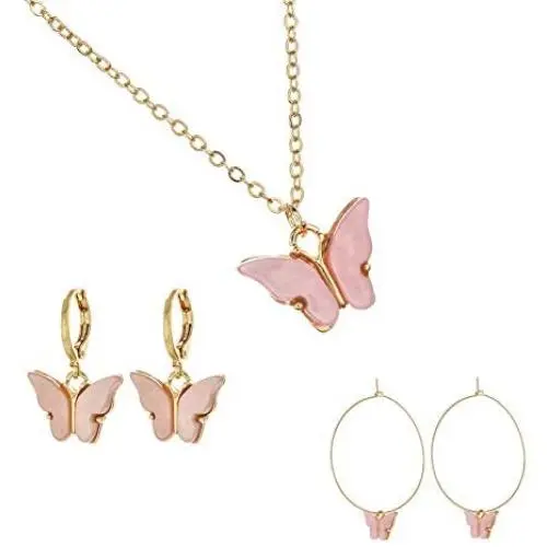 Butterfly Huggie Hoop Earrings Necklaces Set for Girl Dainty Acrylic Butterfly Aesthetic Cute Jewelry Earring Necklace Gold Plated Hypoallergen Earrings