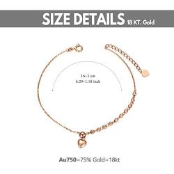 Real 18K Rose Gold Heart Bracelet with Beads Christmas Anniversary Women Jewelry Gifts for Her, Wife, Mother, 6.3''+1.2''