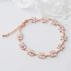 SWEETV Wedding Bridal Bracelet for Brides,Bridesmaid-Crystal Cubic Zirconia Bracelet Leaf Vine Vintage Style