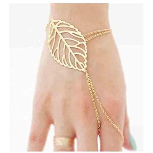 Olbye Leaf Finger Ring Bracelet Gold Slave Bracelet Dainty Hand Chain Everyday Jewelry for Women and Teen Girls