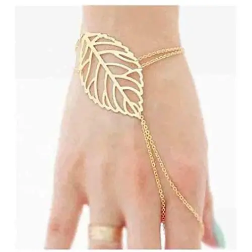 Olbye Leaf Finger Ring Bracelet Gold Slave Bracelet Dainty Hand Chain Everyday Jewelry for Women and Teen Girls