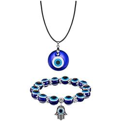 Picano 2 Pcs Turkish Evil Eye Pendant Necklace Evil Eyes Bracelet Hamsa Hand of Fatima Bracelet Lucky Protection Jewelry Set