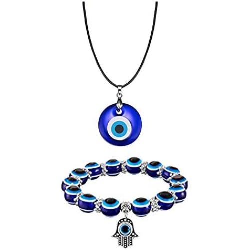 Picano 2 Pcs Turkish Evil Eye Pendant Necklace Evil Eyes Bracelet Hamsa Hand of Fatima Bracelet Lucky Protection Jewelry Set