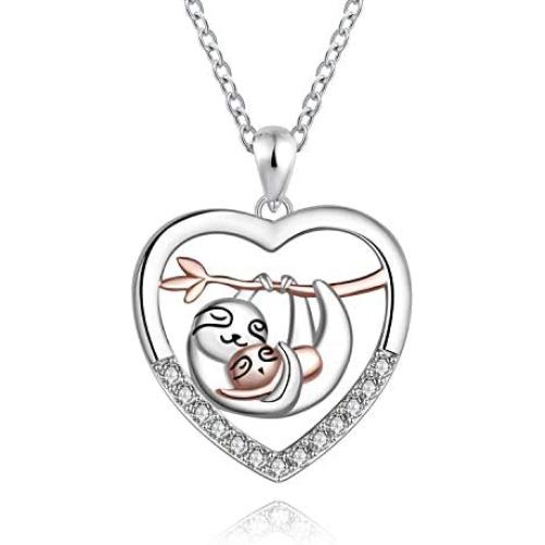 925 Sterling Silver Sloth Bear Pendant Necklace Heart Animal Love ''Slow Down Be Happy'' Mother Daughter Jewelry Gift for Women