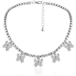 LuckyHouse Tennis Link Rhinestone Chain Butterfly Necklace for Women Silver Iced Out Zirconia Bling Butterfly Pendent Hip Hop Choker Necklace Jewelry Girls