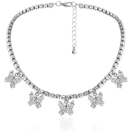 LuckyHouse Tennis Link Rhinestone Chain Butterfly Necklace for Women Silver Iced Out Zirconia Bling Butterfly Pendent Hip Hop Choker Necklace Jewelry Girls