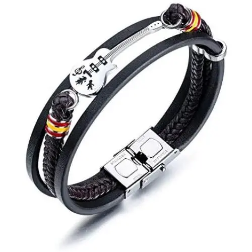 Mishow Mens Womens Leather Bracelet Guitar Handmade Braided Multi-Layer Wrap Bracelet, 8.26 inches