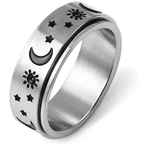 HZMAN Moon Star Sun Fine Tuning Rotating Ring Stainless Steel Boho Jewelry for Women Men Sizs 5-12