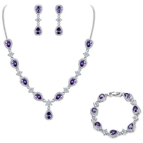 EleQueen Womens Silver-Tone Cubic Zirconia Teardrop Flower Bridal V-Necklace Sets Tennis Bracelet Dangle Earrings for Wedding Bridesmaids