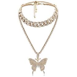 Cinsionze Big Butterfly Pendant Necklace Tennis Link Choker Rhinestone Cubic Zircon Embedded Cuban Chains Necklace Dual Layers Valentine Gifts for Women Girls