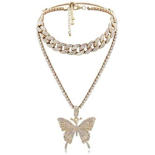 Cinsionze Big Butterfly Pendant Necklace Tennis Link Choker Rhinestone Cubic Zircon Embedded Cuban Chains Necklace Dual Layers Valentine Gifts for Women Girls