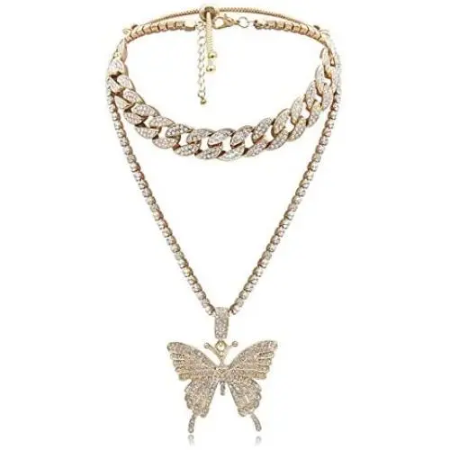 Cinsionze Big Butterfly Pendant Necklace Tennis Link Choker Rhinestone Cubic Zircon Embedded Cuban Chains Necklace Dual Layers Valentine Gifts for Women Girls