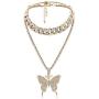 Cinsionze Big Butterfly Pendant Necklace Tennis Link Choker Rhinestone Cubic Zircon Embedded Cuban Chains Necklace Dual Layers Valentine Gifts for Women Girls