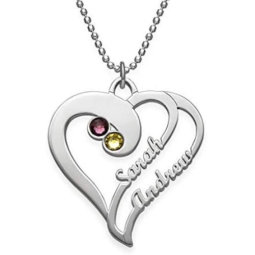 MyNameNecklace Two Hearts Forever One Necklace with Cubic Zirconia birthstones Cut Out Names - Custom Necklace Jewelry - Gift for Mom