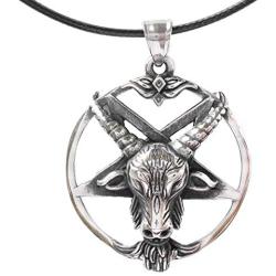 HAQUIL Baphomet Necklace - Stainless Steel, Inverted Pentagram Sabbatic Goat Pendant - PU Leather Cord, 19.7''