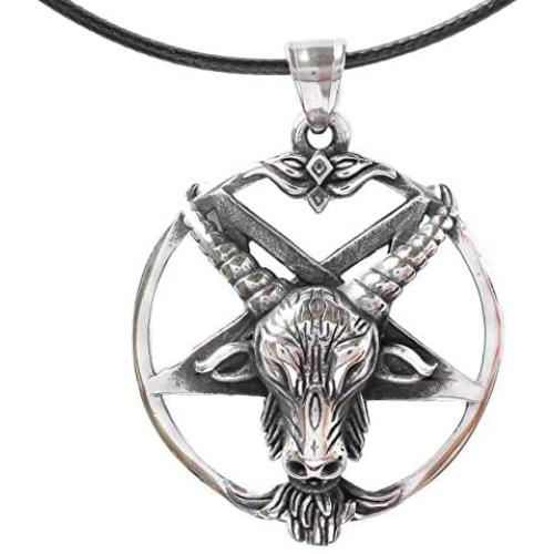 HAQUIL Baphomet Necklace - Stainless Steel, Inverted Pentagram Sabbatic Goat Pendant - PU Leather Cord, 19.7''