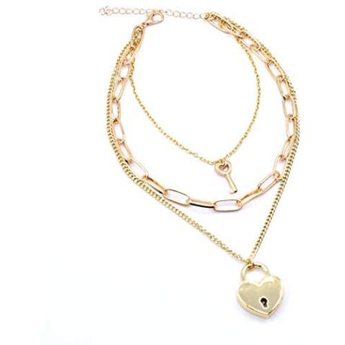 Yilanair Gold Heart Layer Necklace Jewelry with Lock Key Pendant Long Chain Padlock Choker Necklace for Girls