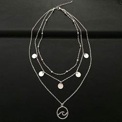YienDoo Boho Multilayer Silver Ocean Wave Pendant Necklace Chain Dainty Sequins Choker Bohemian Layered Charm Beach Necklace Jewelry for Women and Girls