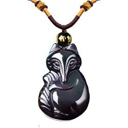 Sinymilk Natural Obsidian Healing Stone Fox Pendant Female Adjustable Spirit Fox Mascot Amulet
