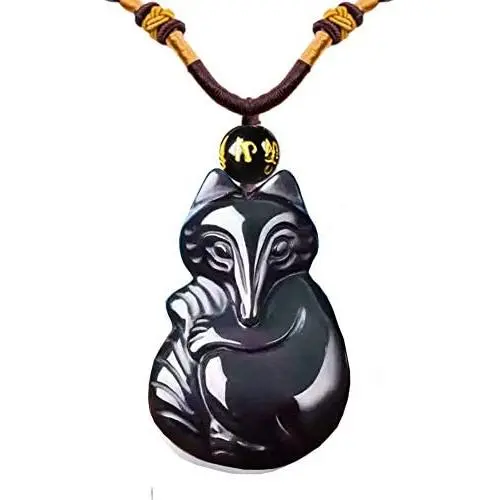 Sinymilk Natural Obsidian Healing Stone Fox Pendant Female Adjustable Spirit Fox Mascot Amulet