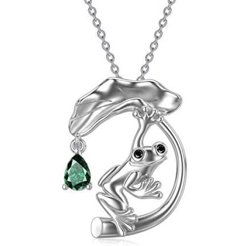 PEIMKO Frog Necklace Sterling Silver Cute Animal Frog Lotus Leaf Necklace Birthday Gift for Sister Daughter Women Girl