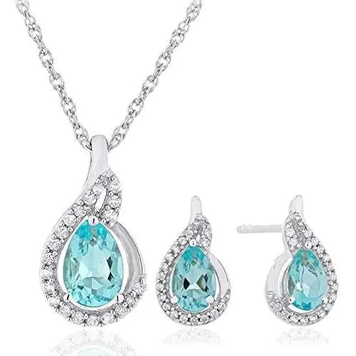 .925 Sterling Silver Pear Cut Created Aquamarine & Created White Sapphire Teardrop 18'' Pendant Necklace and Stud Earring March Birthstone Jewelry Set