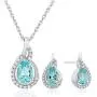 .925 Sterling Silver Pear Cut Created Aquamarine & Created White Sapphire Teardrop 18'' Pendant Necklace and Stud Earring March Birthstone Jewelry Set