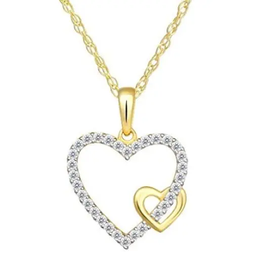 SOLIDGOLD - 14K Yellow Gold Crystal Clear CZ Double Heart Pendant and an Adjustable Necklace Chain SOLIDGOLD - 14K Yellow Gold Crystal Clear CZ Double Heart Pendant and an Adjustable Necklace Chain
