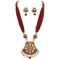 Babosa Sakhi Indian Jaipuri Necklace Red Meenakari Kundan Woman Pendant Ethnic Jewelry Set SRN07R