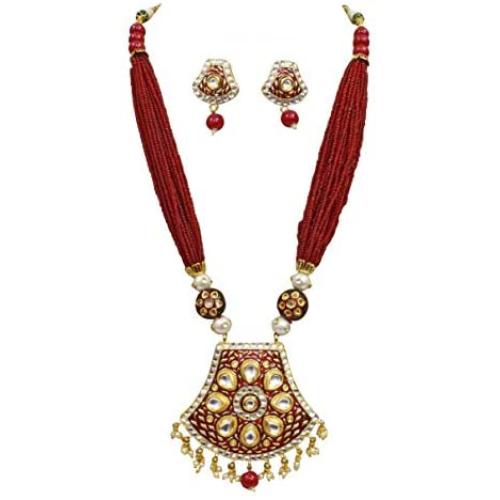 Babosa Sakhi Indian Jaipuri Necklace Red Meenakari Kundan Woman Pendant Ethnic Jewelry Set SRN07R