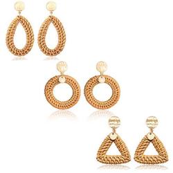 BSJELL Rattan Hoop Earrings Woven Handmade Straw Circle Drop Earrings Hammered Disc Stud Wicker Bohemian Lightweight Earrings for Women