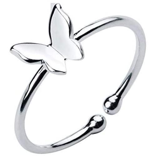 Sterling Silver Dainty Butterfly Ring Minimalist Adjustable Open Tail Sizable Finger Stacking Band Gift for Women Girls