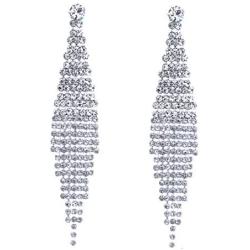 CHRAN Silver Teardrop Crystal Long Tassels Dangle Earrings Sparkling Rhinestone Ladies Gifts
