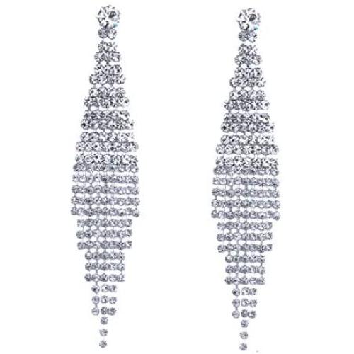 CHRAN Silver Teardrop Crystal Long Tassels Dangle Earrings Sparkling Rhinestone Ladies Gifts